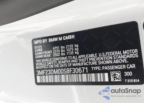 2025 BMW M2 z USA, uszkodzony, nr VIN 3MF23DM00S8F30671